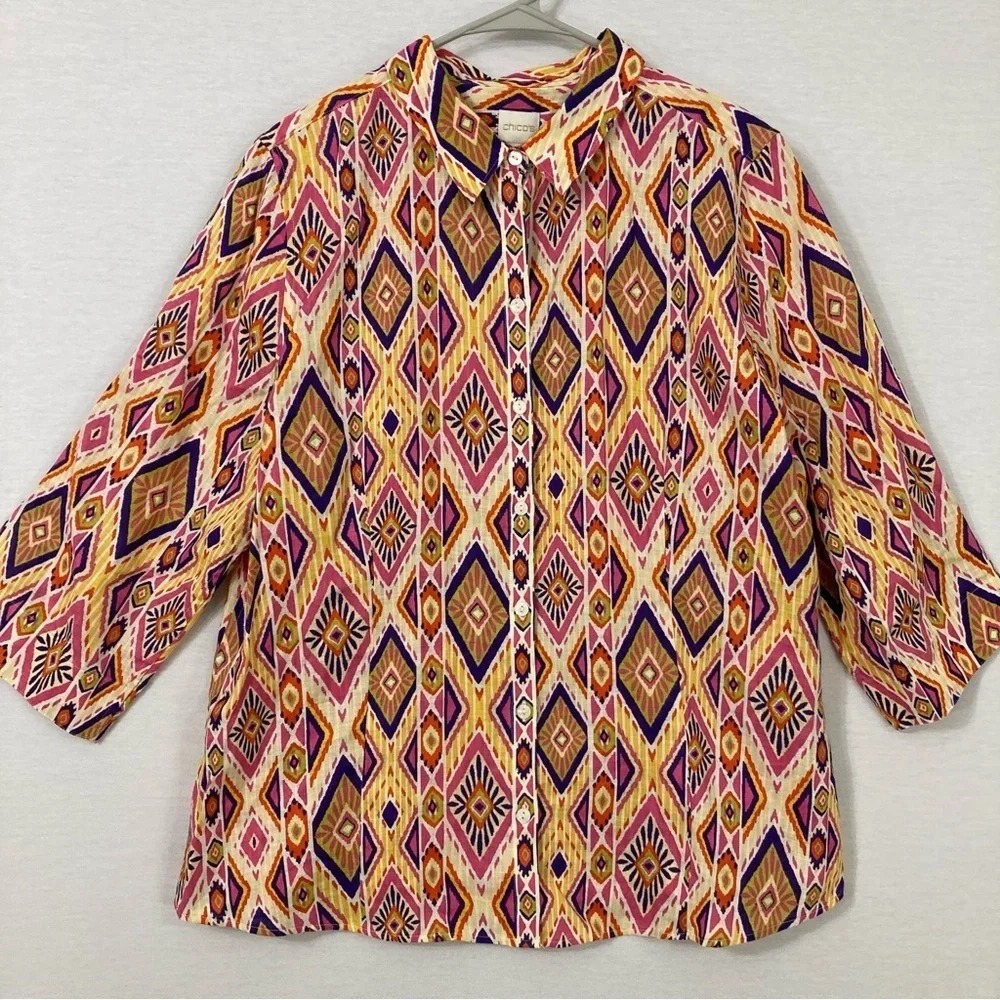 Chico's‎ No Iron Button Up Shirt size 3 US XL Multi Abstract Ikat 100% Linen